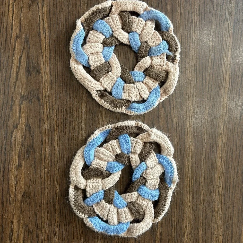 Vintage 70s Cottagecore Handmade Braided Crochet Trivet Hot Pad Set 2 Boho Folk